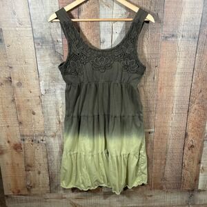 Currants Ombré Dress Medium Olive Green Crochet Lace Boho Midi Babydoll Tiered